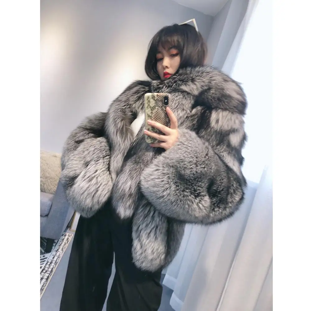 

Женская Шуба с лисьим мехом, модная теплая шуба с воротником из лисьего меха, новинка зимы 2019