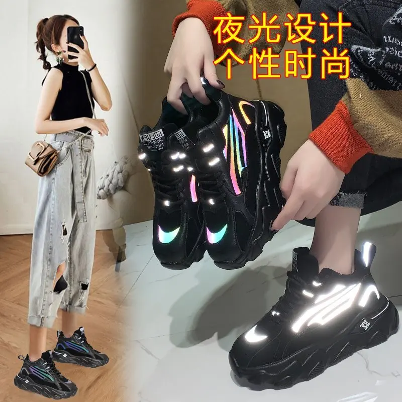 

Winter New Women Chunky Sneakers Dad Shoes Korean Fashion Female Black White Platform Thick Sole Noctilucous Casual Shoes 7cm