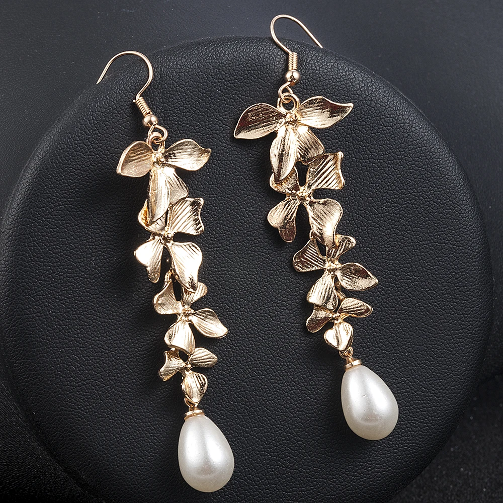 

2019 New Fashion Women Lady Gold Orchid Matte Flower Pendant Long Dangle Hook Earrings Jewelry Gift statement earrings