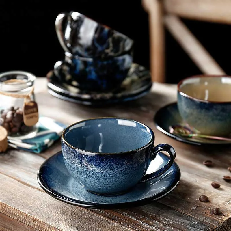 European Ceramic Latte Espresso Coffee Cup with Saucer Set Porcelain Fashion Kiln Glaze Milk Mug Simple Household Cafe Drinkware | Дом и сад
