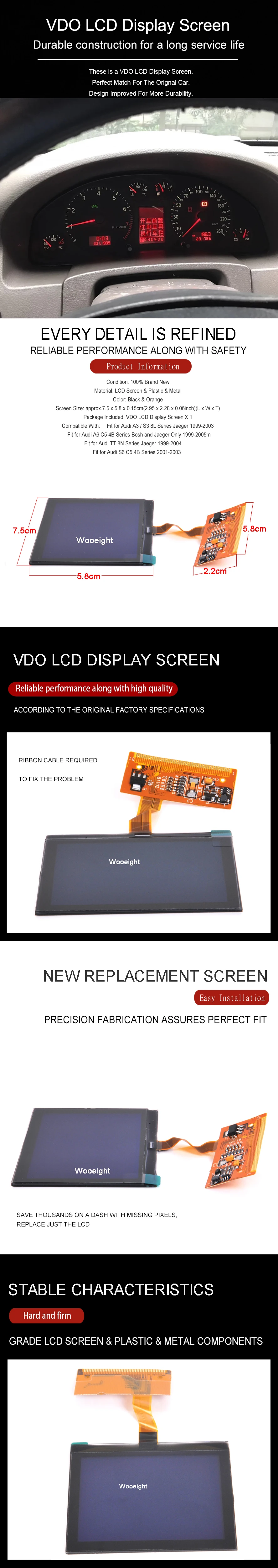 Wooeight High Quality VDO LCD Display Screen For Audi A3 A6 C5 TT 8N Series 2001-2003 LCD Dash Dashboard Repair Replacement (1)
