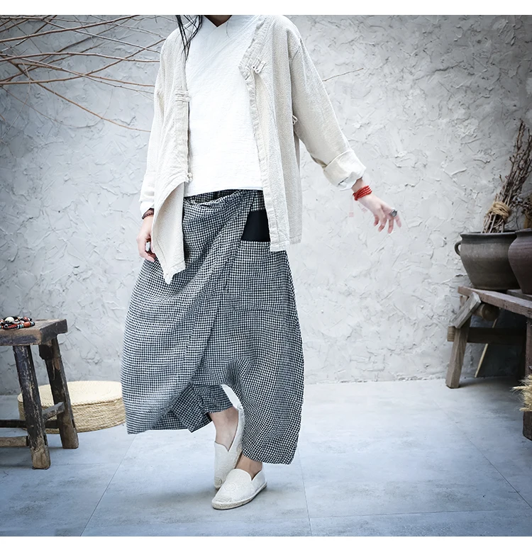 New Retro Cotton Linen Plaid Pockets Irregular Cross-pants Autumn Fashion Loose Comfortable All-match Women Pants