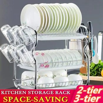 

2/3 Tier 6Style Dish Drying Rack Kitchen Washing Holder Basket Plated Iron Kitchen Knife Sink Dish Drainer Drying Rack Organizer