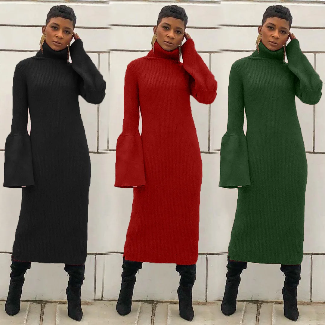

Ladies Dress Spring and Autumn Women's Fashion Fashion Personality Trend High Lapel Lantern Sleeve Pure Color Dress