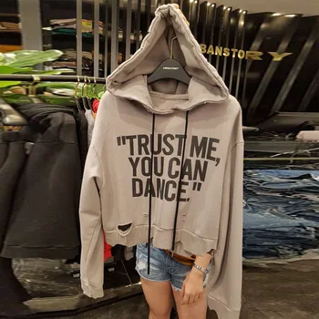 

Letter Printed Ripped Long-Sleeve Sweatshirt Women's Spring Autumn New Short Fashion Women's on Clothes Hoodie Hooded Hoodies