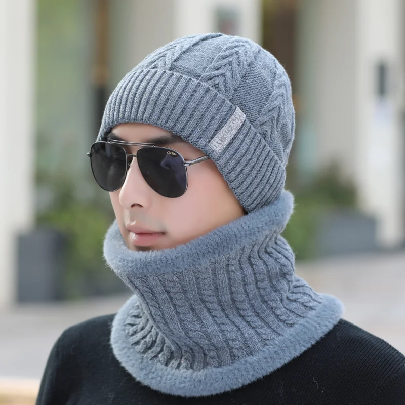 Высококачественная Зимняя вязанная мужская шапка Skullies, модная вязанная шапка из шерсти, шапка для мужчин, бархатная шапка, теплый мужской шарф, шапка - Цвет: Hat scarf gray