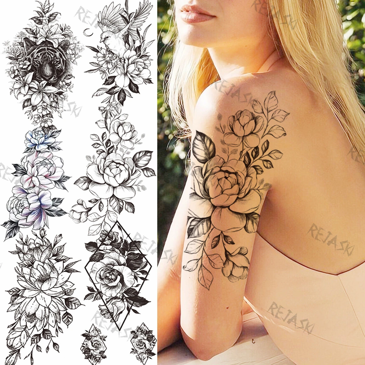 Tatouage Fleur De Lotus Dos Femme Tatouage temporaire pour femmes, autocollant réaliste, grande fleur de  Rose, faux, pour fille, tigre, oiseau, Lotus, bras, dos, Sexy, étanche |  AliExpress