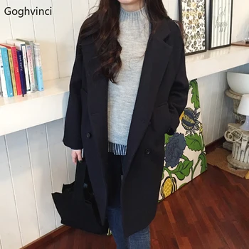 

Wool Women Black Solid Double Breasted All Match Womens Long Coats Korean Style New Fashion Harajuku Females Casual Clothing