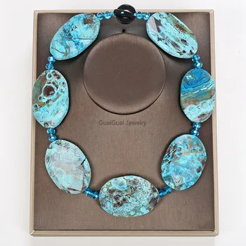 

GuaiGuai Jewelry 19" Huge 40x50MM Faceted Blue Stripe Agate Crystal Gems Stone Rectangle Oval Necklace Onyx OT Clasp