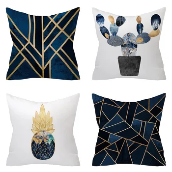 

2 PCS Abstract geometry navy blue marble smoked gradient cube cushion cover plaincushion covers for living room