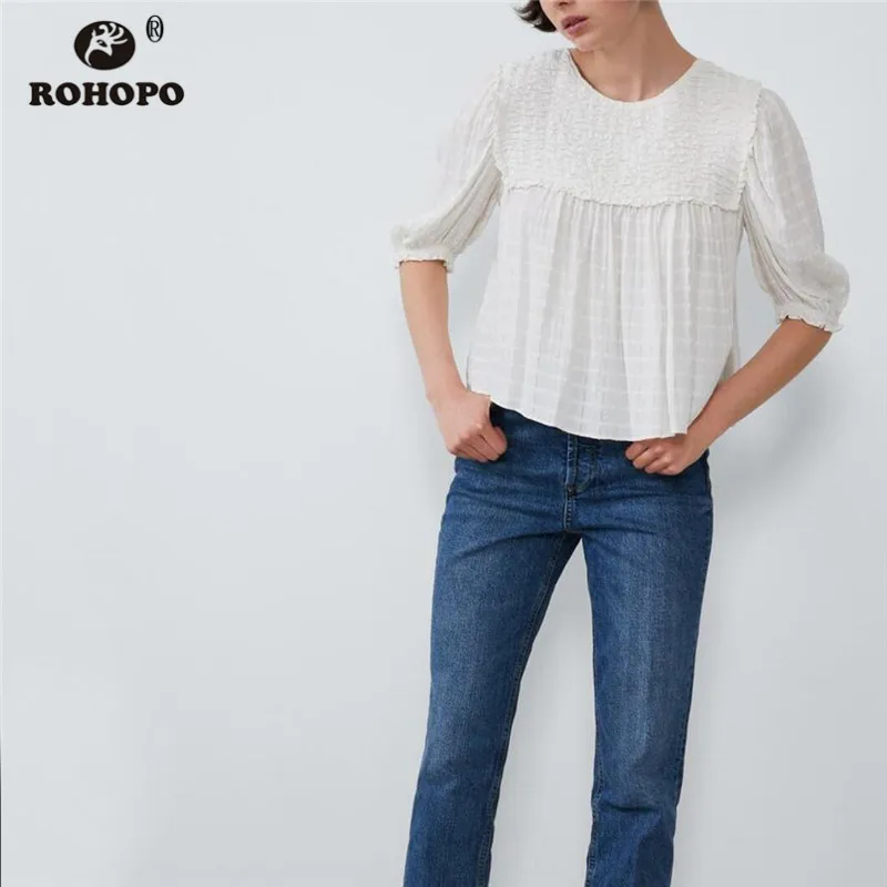 

ROHOPO Half Sleeve Round Collar Smocking Tops Cotton Blouse White/Black Back Buttons Fly Pleated Hem Solid Chic Tops Shirt #9402