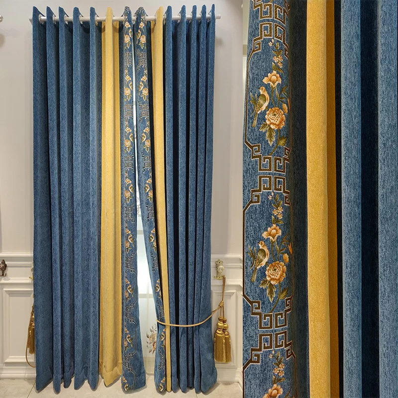 

Chinese Style Cashmere Seamless Stitching Two-color Simple Modern Light Luxury Finished Curtain Fabric for Living Room Bedroom