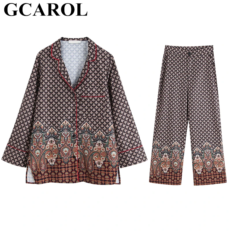 Коричневый GCAROL/Новинка, осенне-весенние женские комплекты, тотемная Цветочная Геометрическая Блузка и штаны, пижамный комплект из 2 предметов - Цвет: Коричневый