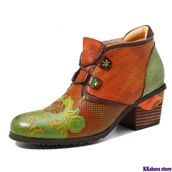 

Retro Genuine Embossed Leather Splicing Flowers Pattern Colorful Stitching Lace Up Pumps Woman Pumps For Spring New 2020