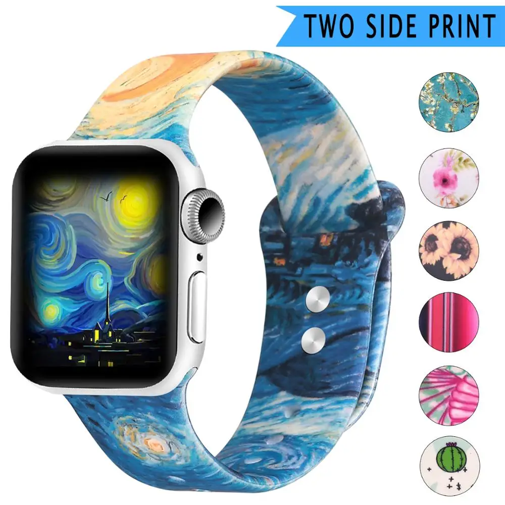 Мягкий спортивный силиконовый ремешок для Apple Watch, 42 мм, 38 мм, 40 мм, 44 мм, двусторонний силиконовый ремешок с цветочным принтом для iwatch серии 1