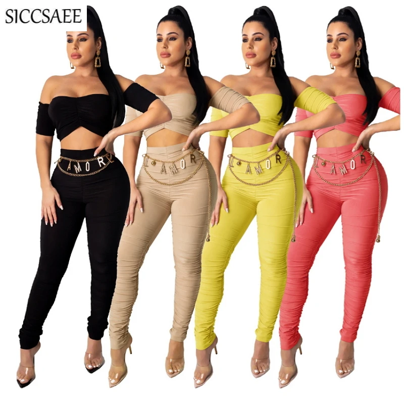 

2020 Summer Wrinkle Solid Color Strapless Outfits For Women Off Shoulder Crop Top And Pants Sweat Suit Backless Two Piece Set