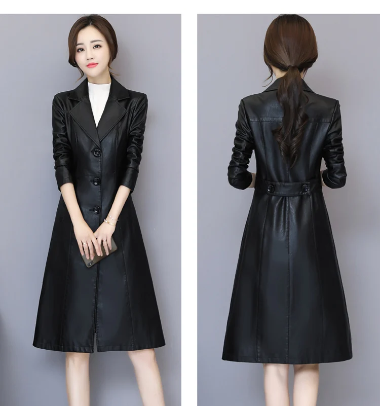 

New 2020 Spring Winter Fashion Long Slim Leather Jacket Female Single Button Suit Collar Overcoat Steetwear Plus SIze 5XL LX2643