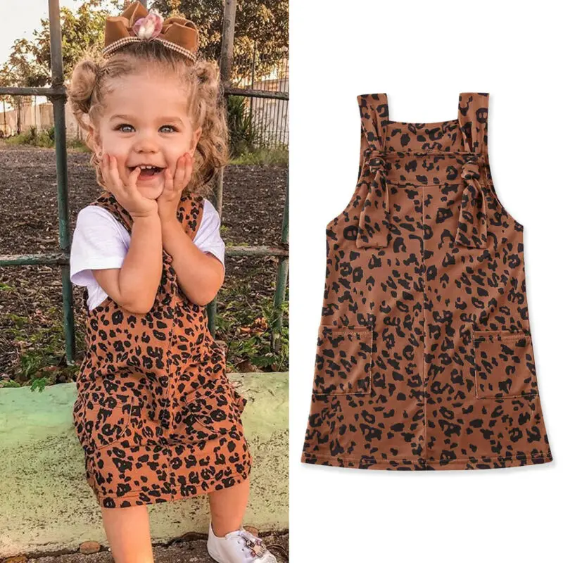 

Baby Girls Clothes Overalls Toddler Kids strappy Leopard Bib Dress Braces Skirts with pocket casual summer Outfits 1-6Y