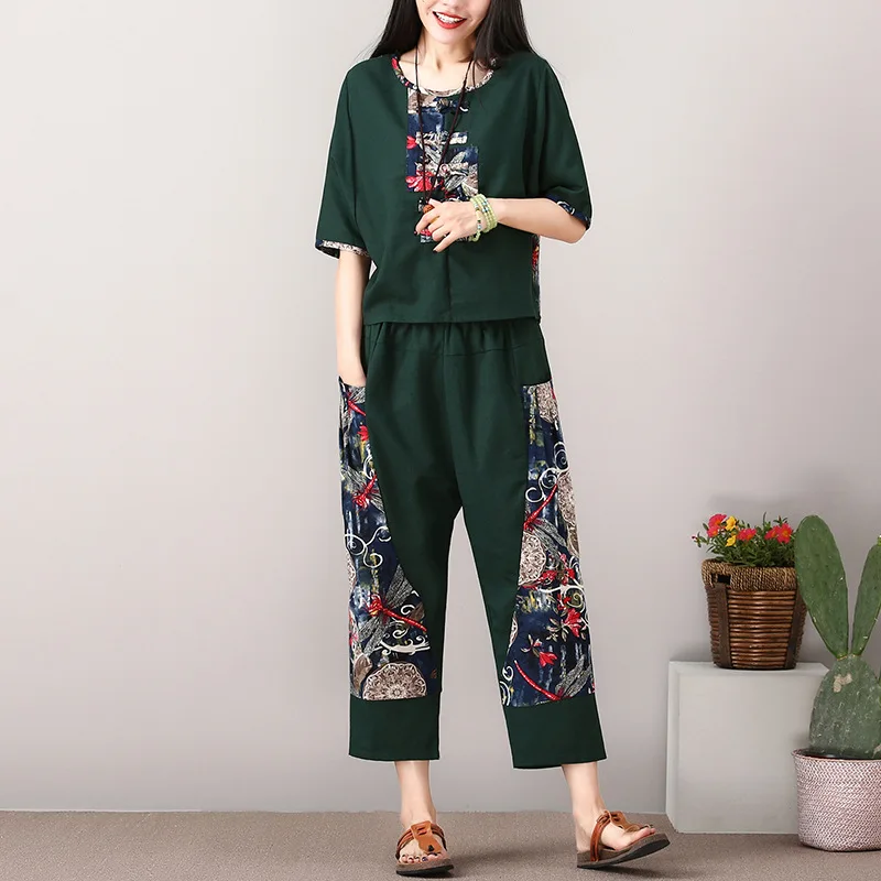 

2018 Summer New Style Ethnic-Style Cotton Linen Set Loose And Plus-sized Short Sleeve Harem Loose Pants Two-Piece Women's