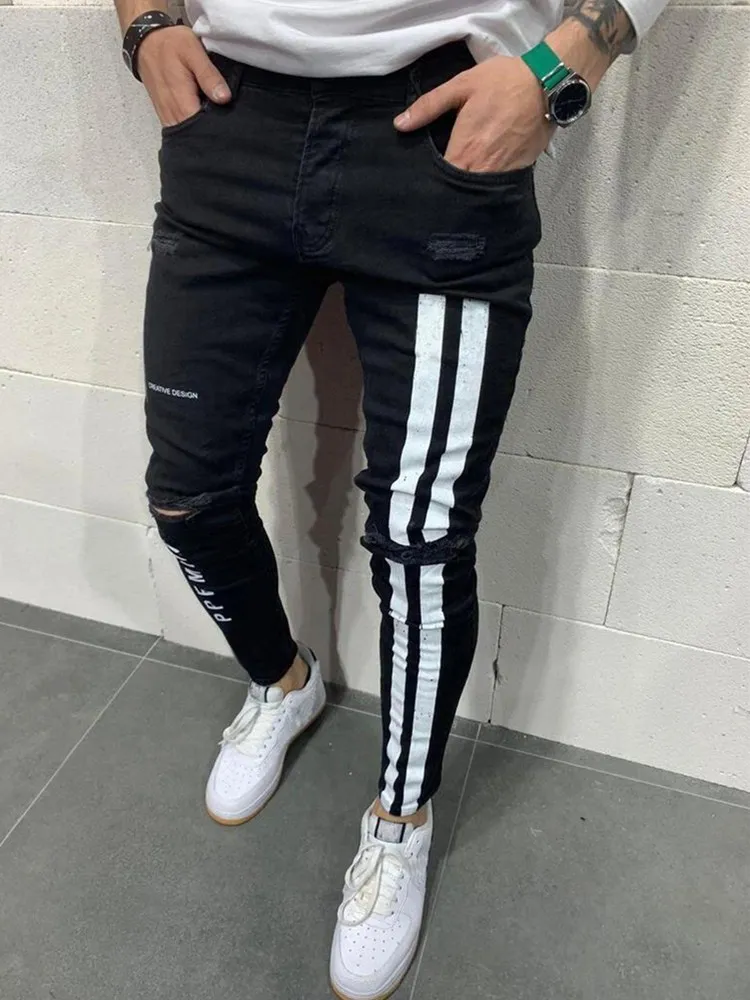 mens stretch jeans New Tide Men's Sweatpants Sexy Hole Jeans Pant Casual Four Seasons Suitable Male Ripped Skinny Trousers Slim Biker Outwears Pant designer jeans for men