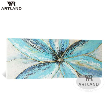 

Beautiful picures big blue and gold flower Pure handmade canvas oil painting wall hanging for living room bedroom no framed