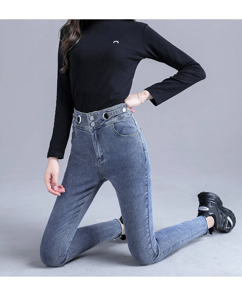 levis 501 Female Korean High Waist Jeans Women'S Winter Elastic Leggings Trousers Spring Autumn Leisure New Slim Pencil Tight Pants Lady buckle jeans