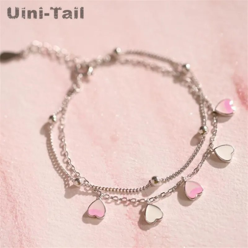 

Uini-Tail hot new 925 sterling silver pink heart-shaped double-layer bracelet fashion trend sweet cherry girl pink jewelry ED483