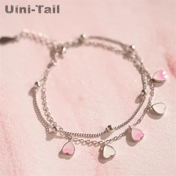 

Uini-Tail hot new 925 sterling silver pink heart-shaped double-layer bracelet fashion trend sweet cherry girl pink jewelry ED483