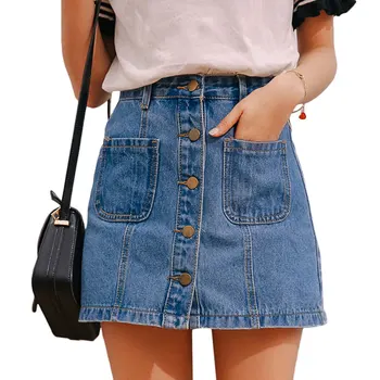 

Denim Skirt High Waist A-line Mini Skirts Women 2020 Summer New Arrivals Single Button Pockets Blue Jean Skirt Style Saia Jeans