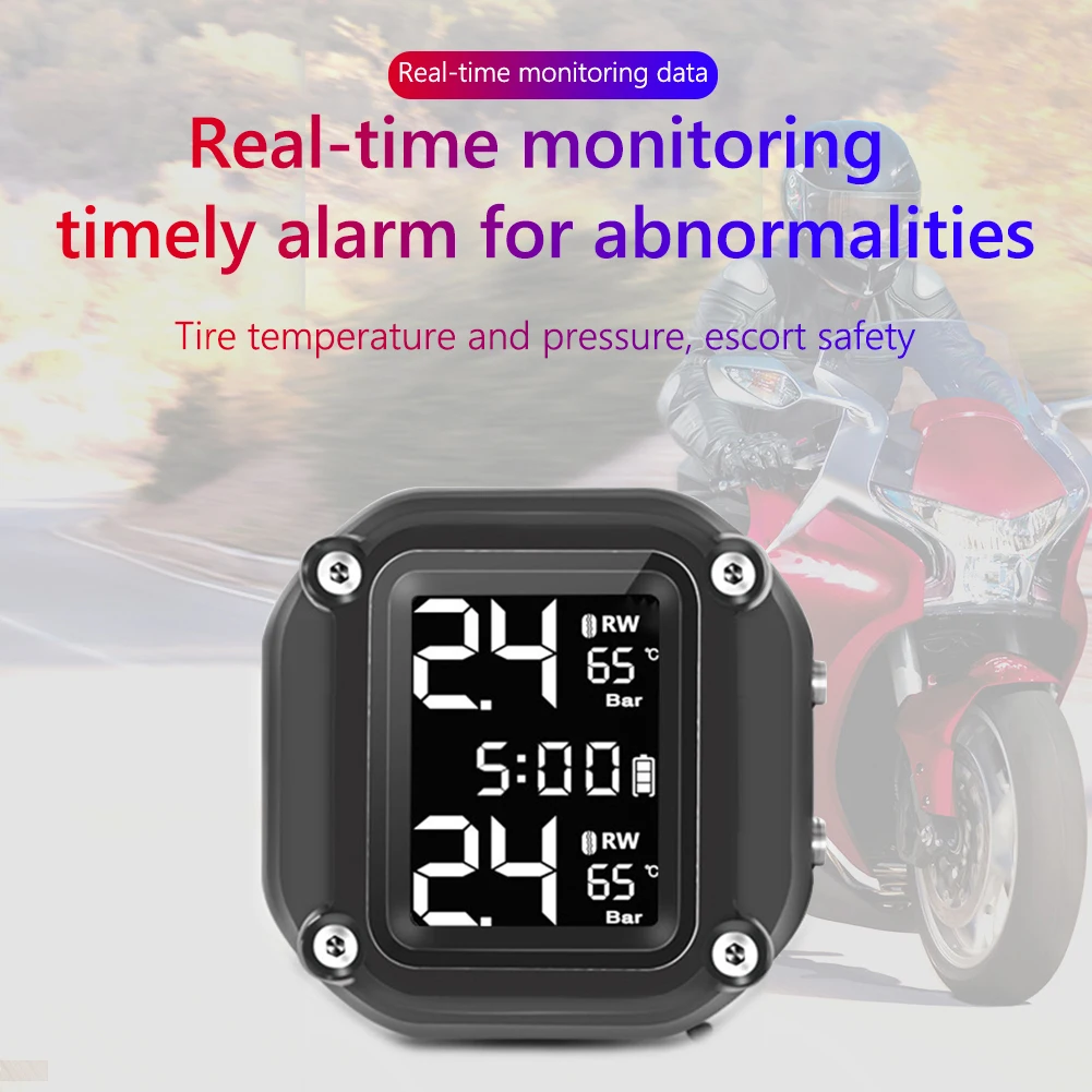 Motorcycle TPMS Wireless Motorbike Tire Tyre Temperature Pressure Monitoring Alarm System with 2 External Sensors USB Charging