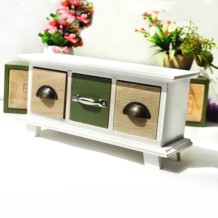 

American-Style Village Wood Green Transverse Three Pumping Storage Box Desktop Ornaments Storage Cabinets Jewlery Box CF51