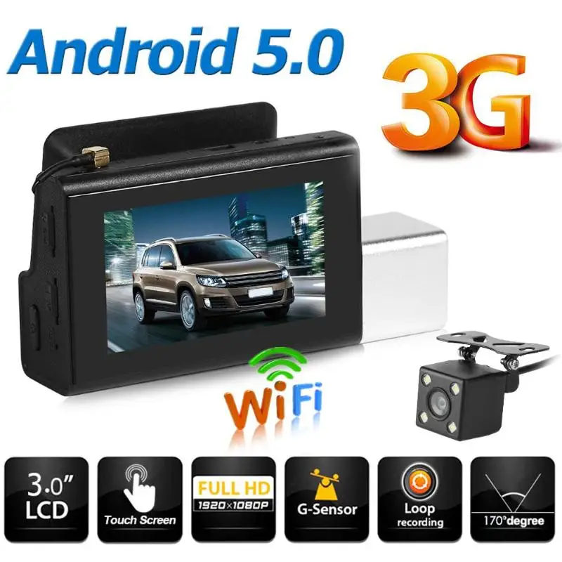 T3 HD 1080p 3g Android 5,0 Автомобильный видеорегистратор Камера с двумя объективами видеорегистратор