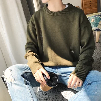 

Autumn Hole Sweater Men's Fashion Solid Color Casual O-neck Knit Pullover Men Streetwear Loose Sweaters Male Sweter Clothes