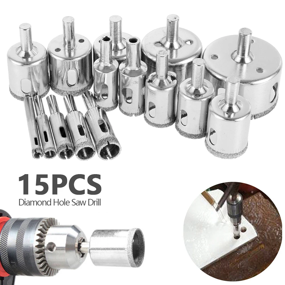 

15pcs Diamond Glass Drill Bit Set High Quality 6-50MM Diamond Hole Saw Drill for Porcelain Slate Marble Electric Drilling Tool