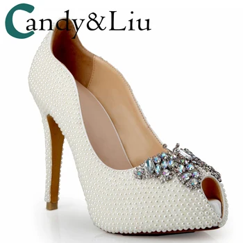 

Private Custom New Fashion Fish Mouth Pearl Bridal Shoes Luxury Butterfly Diamond Buckle White Fashion Wedding High Heels