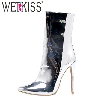 

WETKISS Patent Pu Mid-Calf Boots Women High Heels Thin Boot Female Party Shoes Ladies Zip Pointed Toe Shoes Winter Plus Size 48