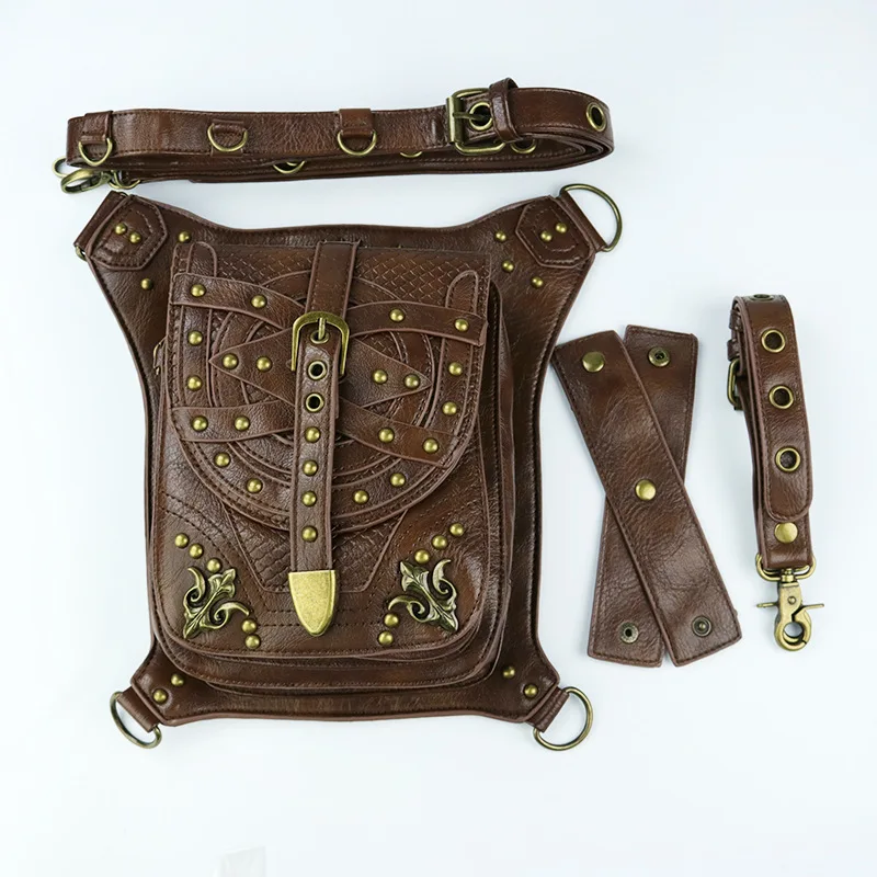 PUNK Rock Steaming Industrial Waist Old Vintage Bags PU Leather Stage Show Movie Costumes Motobike Rivet ShoulderBags Cowboy
