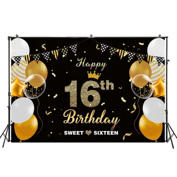 

HUAYI Sweet Sixteen Theme Backdrop Colorful Ballons With Black Fabric Background Photography For 16th Birthday Party Prop