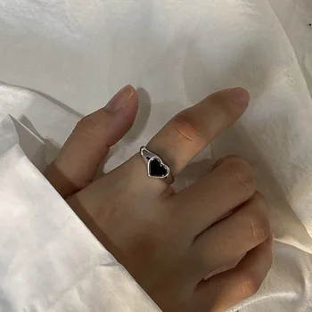 

Leouerry 925 Sterling Silver Vintage Black Drop Glue Heart Rings Minimalist Opening Rings for Women Silver 925 Jewelry Gifts