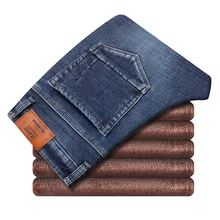 Классические мужские зимние теплые джинсы, деловые Модные Плотные флисовые облегающие Стрейчевые брюки, мужские Брендовые брюки черного и синего цвета