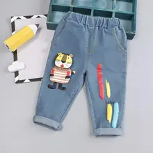 Корейские детские штаны для мальчиков и девочек, детские дышащие штаны с карманами из хлопка с эластичной резинкой на осень, джинсовые штаны со средней талией с рисунком