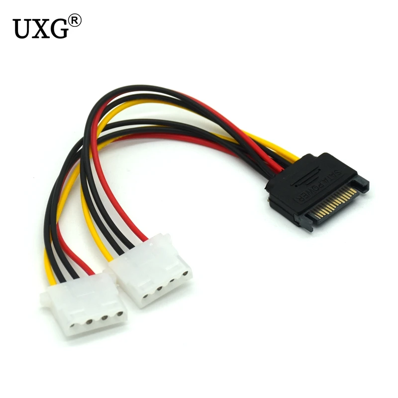 Power Cable 15Pin SATA to 2 Dual 4Pin IDE Molex Power Lead Y Splitter Cable Cord 18AWG Wire 20cm for Bitcoin Miner Mining