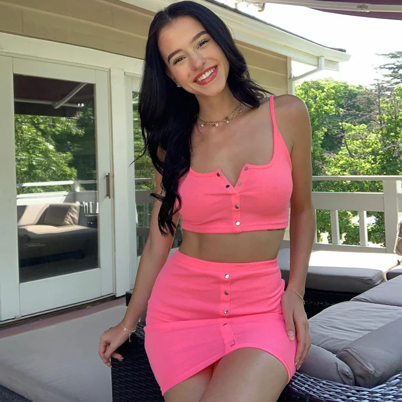 Hugcitar 2020 sleeveless buttons sexy crop top skirt 2 pieces set summer women fashion streetwear outfits tracksuit