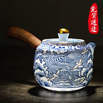 

China enamel color teapot hand painted gold blue and white porcelain pottery single solid wood side pot household drinking set