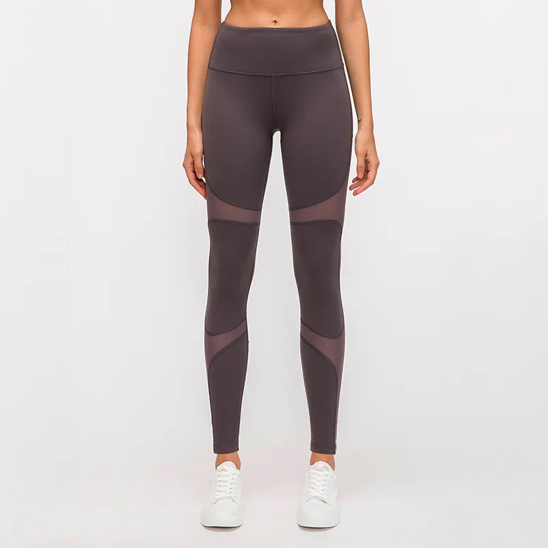 Roland Grey Mesh Panel Leggings Yoga Women Mid Rise Gym Fitness Jogger Pants Breathable Sports Tights Squatproof Workout Running Bottoms - Color: Roland Grey