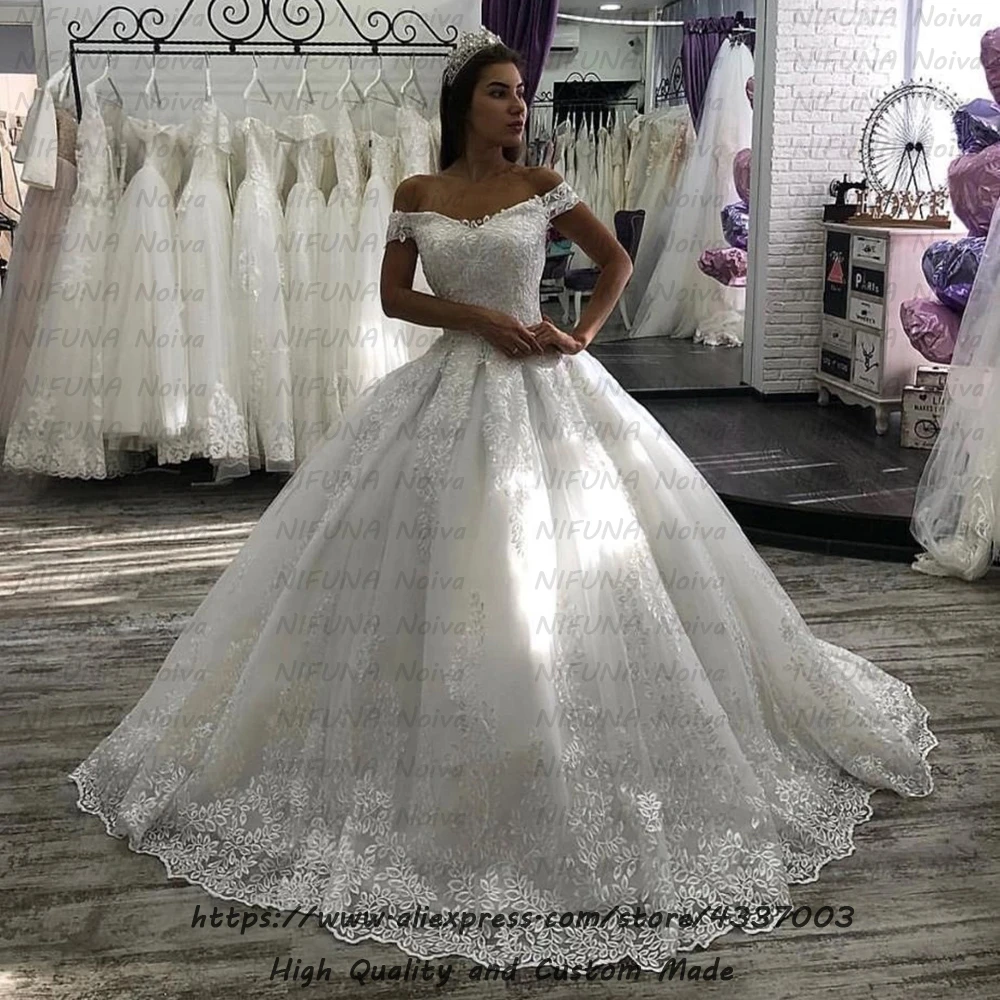 Vestido de Noiva/ роскошное кружевное свадебное платье принцессы бальное платье с открытыми плечами кружевное платье невесты свадебное платье