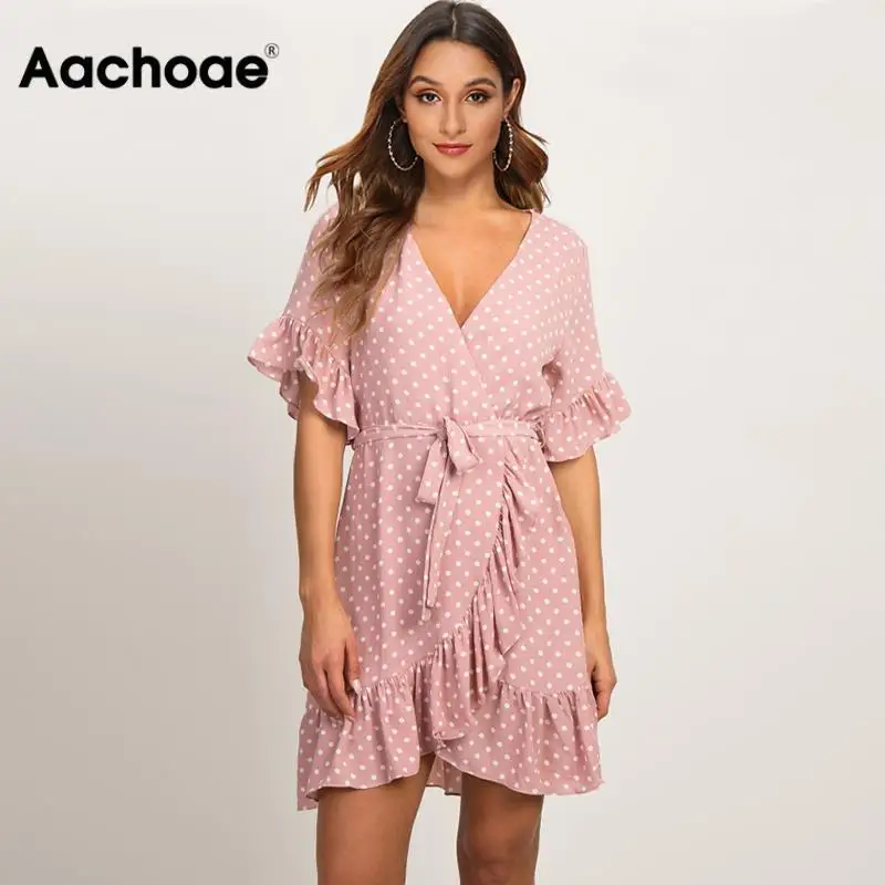 Aachoae Summer Dress 2020 Boho Style Beach Dress Fashion Short Sleeve V-neck Polka Dot A-line Party Dress Sundress Vestidos Aachoae Summer Dress 2020 Boho Style Beach Dress Fashion Short Sleeve V-neck Polka Dot A-line Party Dress Sundress Vestidos