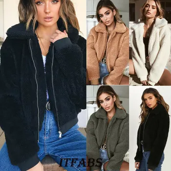 

Womens Thick Warm Teddy Bear Pocket Fleece Jacket Coat Zip Up Outwear Overcoat