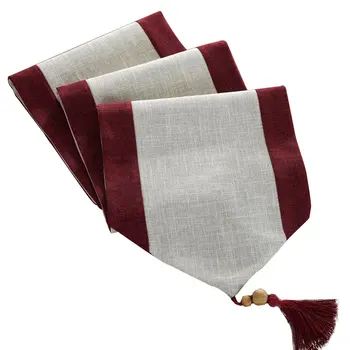 

Simple Chinese Cotton Linen Table Runner Patchwork Tassel TV Cabinet Cover Cloth Stitching Wooden Beads Pendant Table Runner