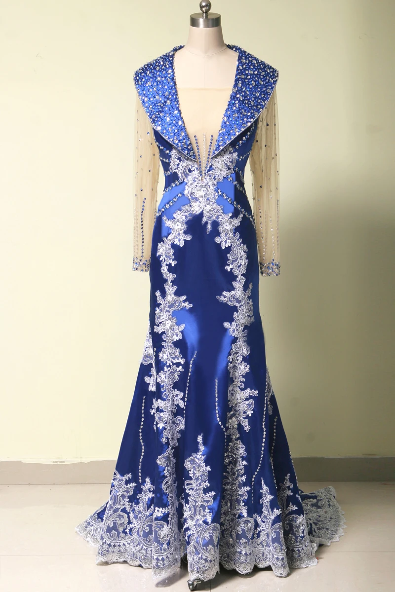

Long Sleeve Royal Blue Evening Gown 2018 vestido de noiva Lace Dubai Kaftan Arabic robe de soiree mother of the bride dresses
